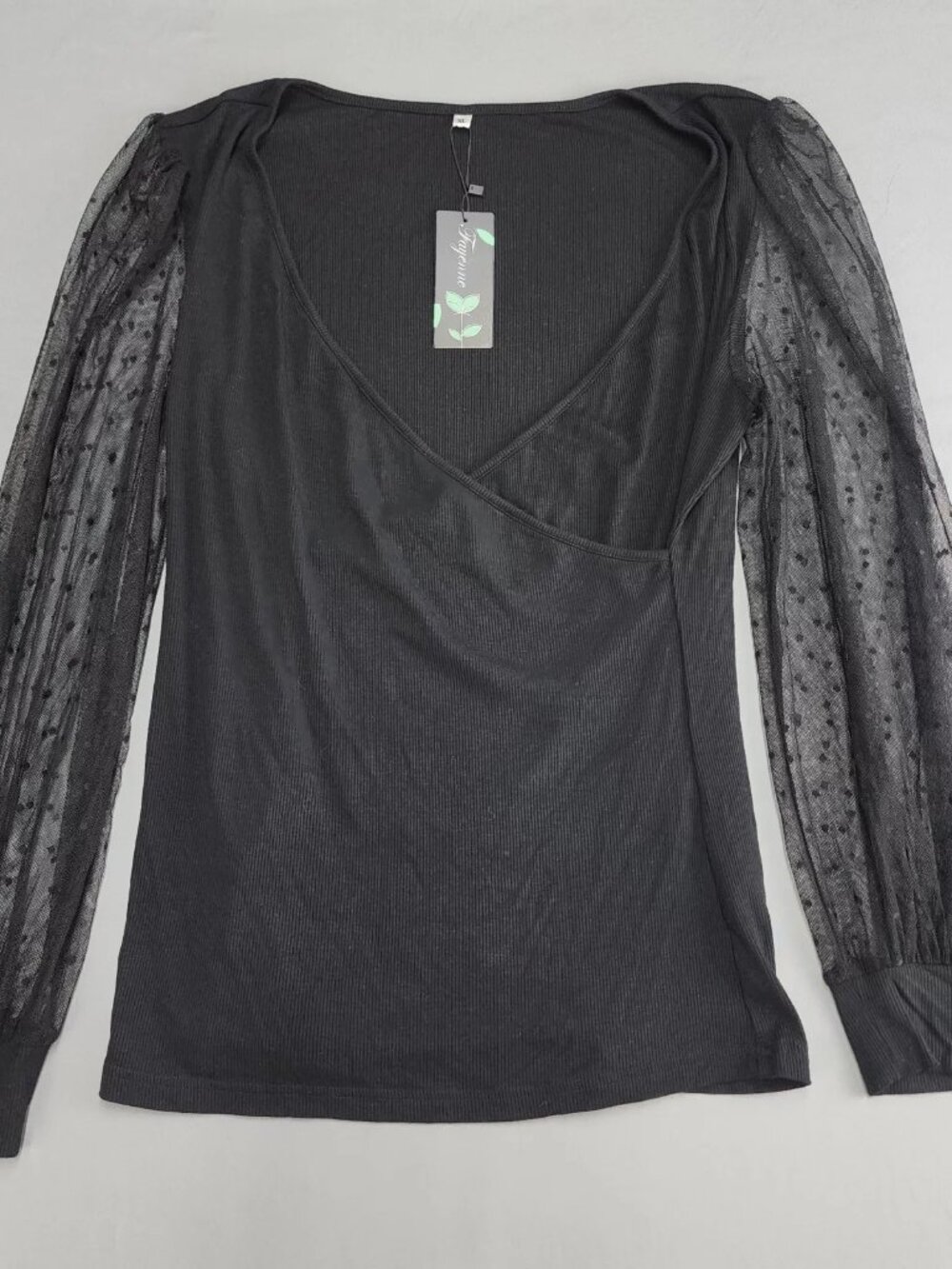 Fayenne Black XL Wrap Blouse V-Neck Long Sheer Polka Dot Puff Sleeve Ribbed Knit